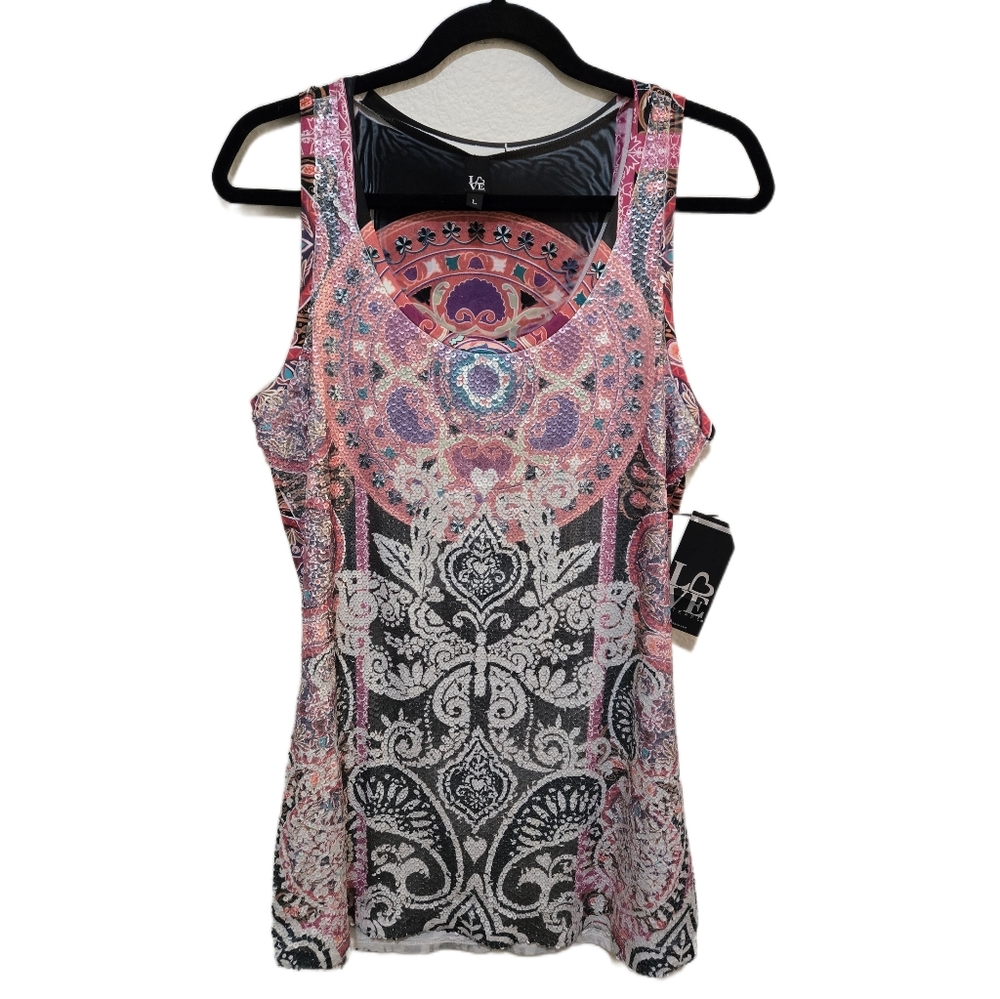 Love Tease Sequin Tank Top Mandala Paisley Print Boho Glam Size Large NWT